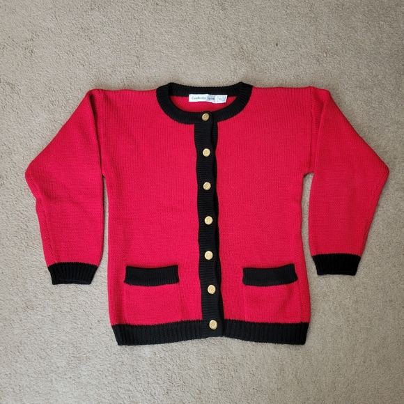 Vintage Cambridge Spirit Red Black Wool Cardigan Gold Buttons size Small - Picture 1 of 5
